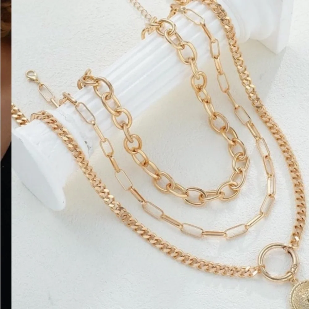 Vintage 24k Gold  Plated Layered Necklace Trendy Chunky Cuban Link Paperclip Cha - Picture 9 of 11